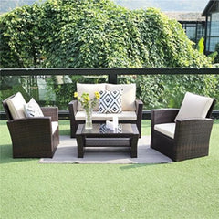 4 Piece Patio Furniture Sets, All-Weather Wicker Conversation Sets,Outdoor Rattan Sectional Sofa Chair Cushions and CoffeeTable