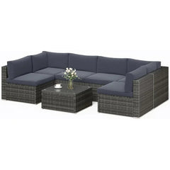 Qsunvivi outdoor 7 piece patio furniture sets all weather Gery PE wicker couch sofa with glass table, removable Dark Grey CUSO