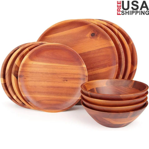 12pcs Acacia Wood Dinnerware Set Includes Plates Bowls Lightweight Sturdy Eco-Friendly Tableware Perfect Gift Box Dining Table
