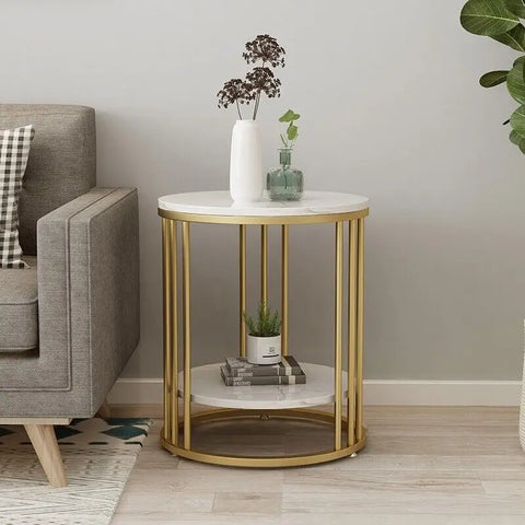 2-Tier White Marble Side Table – Round Coffee Table &amp; Nightstand with Storage