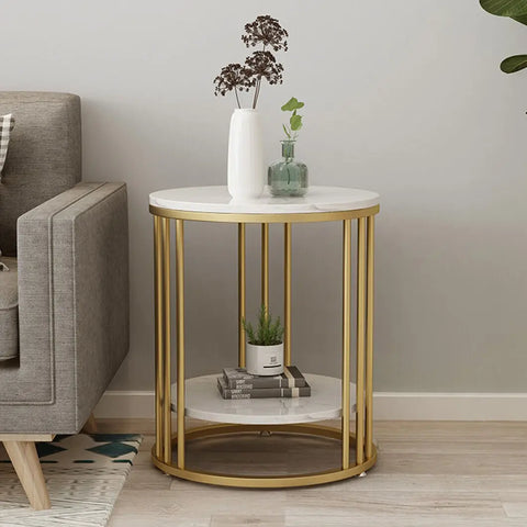 2-Tier White Marble Side Table – Round Coffee Table &amp; Nightstand with Storage
