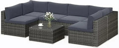 Qsunvivi outdoor 7 piece patio furniture sets all weather Gery PE wicker couch sofa with glass table, removable Dark Grey CUSO