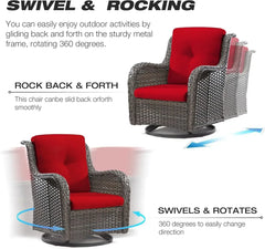 5 Piece Outdoor Patio Furniture Set Wicker Conversation Bistro Set Swivel Rocking Chairs with Side Table & Ottomans for Backyard