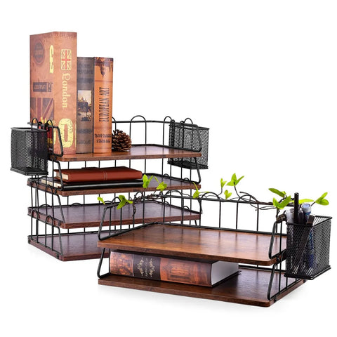 Desktop organizer and accessories, vintage wooden desktop file organizer with drawers and 2 school home office supplies
