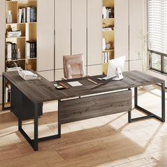 70.8" L-Shaped Executive Desk with Drawer Cabinet, Large Executive Office Desk with Separate File Cabinet, Home Office Desk