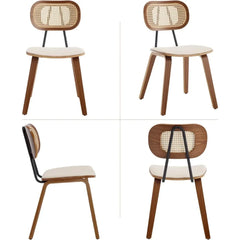 Dining Chair Set of 4 with Rattan Backrest, Wooden Legs, PU Leather Armless Guest Side Chairs, Mid-Century Dining Chair