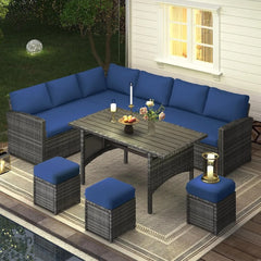 Patio Furniture Set with Cover, 7 Pieces Outdoor Sectional Sofa Conversation Set All Weather Wicker Rattan Couch Dining