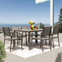 7 Piece Patio Dining Set, with Weather Resistant Table and 6 Stackable Textilene Chairs for Garden, Outdoor Furniture Set