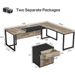 70.8" L-Shaped Executive Desk with Drawer Cabinet, Large Executive Office Desk with Separate File Cabinet, Home Office Desk
