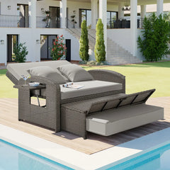 PE Wicker Rattan Double Chaise Lounge, 2-Person Reclining Daybed with Adjustable Back and Cushions, Free Furniture Protection