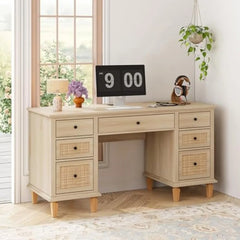58'' Wood Executive Desk with 7 Drawers - Modern Natural Rattan Home Office Desks with Charging Station, Large Long Computer