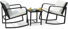 Patio Chairs 3 Piece Wicker Rocking Chair Outdoor Bistro Sets with Coffee Table and Cushions Metal Frame Patio Furniture(White)