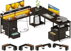 66" L Shaped Desk, 113" Computer Desk with File Cabinet & 4 Fabric Drawers, Home Office Desk with Monitor Shelf & Power Outlet