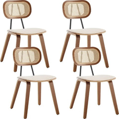 Dining Chair Set of 4 with Rattan Backrest, Wooden Legs, PU Leather Armless Guest Side Chairs, Mid-Century Dining Chair