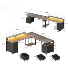 66" L Shaped Desk, 113" Computer Desk with File Cabinet & 4 Fabric Drawers, Home Office Desk with Monitor Shelf & Power Outlet