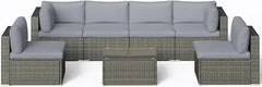 Qsunvivi outdoor 7 piece patio furniture sets all weather Gery PE wicker couch sofa with glass table, removable Dark Grey CUSO