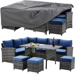 Patio Furniture Set with Cover, 7 Pieces Outdoor Sectional Sofa Conversation Set All Weather Wicker Rattan Couch Dining